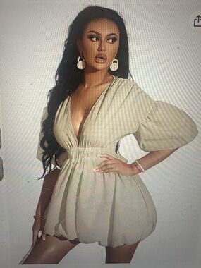 Amazon Cream Bubble-Hem Puff-Sleeve Mini Dress